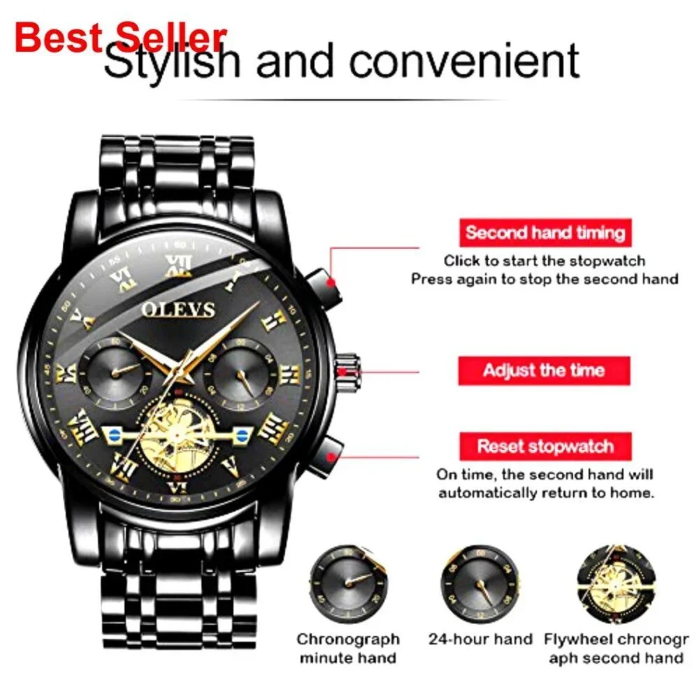 Stainless Steel Waterproof Chronograph Watch with Luminous Hands